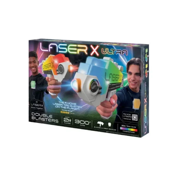 LaserX Ultra Double Blasters deliver 2-player laser tag excitement with 300 ft range, vibrant team colors, and interactive lights. Ready for action — shop now in Qatar!