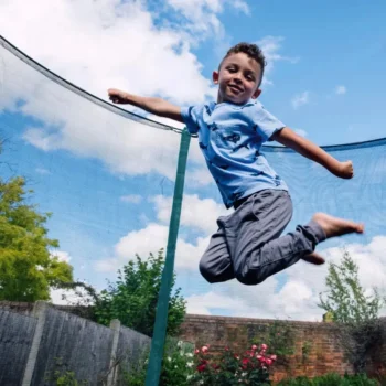 Plum 10ft Trampoline ensures safe outdoor play with Springsafe enclosure and strong bounce. Ideal for active kids. Available now in Qatar on Fitrati.