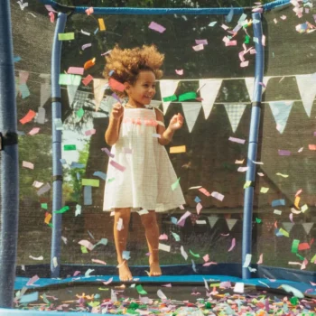 Plum 7ft Junior Jumper Trampoline features a low frame, safety enclosure, and Springsafe tech—perfect for early jumpers aged 3–10 in Qatar.